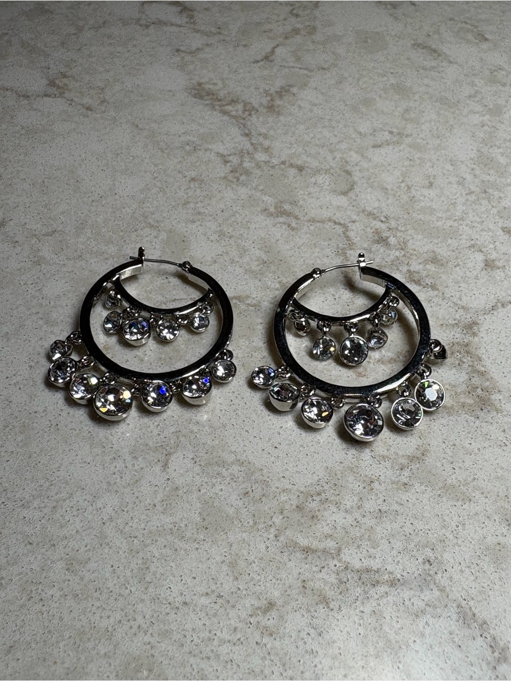 K 7 Crystal Drop Silver Hoop Earrings - Sparkling Clear Stones